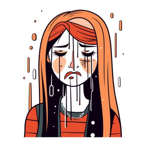 Sad girl with tears in her face. Vector illustration in cartoon