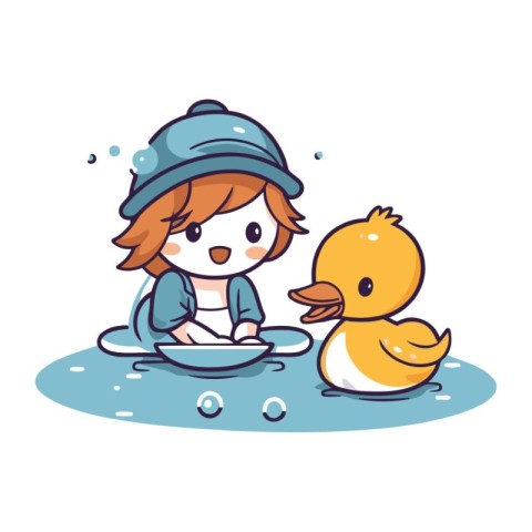 Cute little girl washing her duck in the water. Vector illustrat