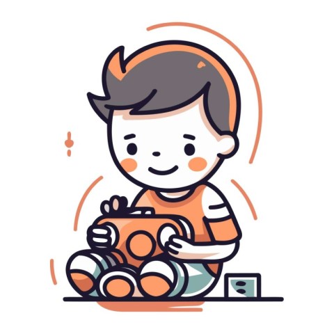 Cute boy with a gift box. Vector illustration in line style.