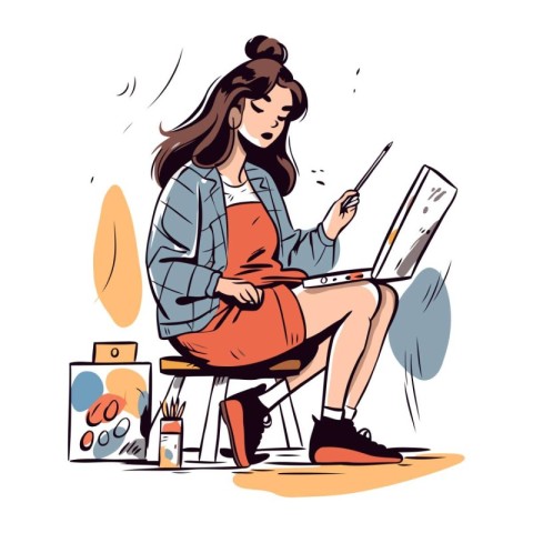 Vector illustration of a young woman artist drawing a picture. D