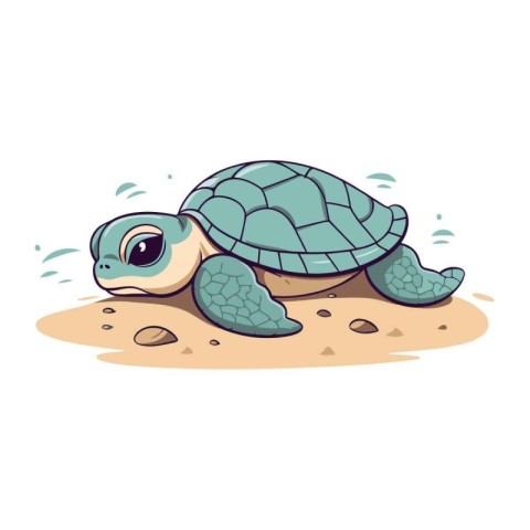 Cute cartoon turtle on the sand. Vector illustration on white ba