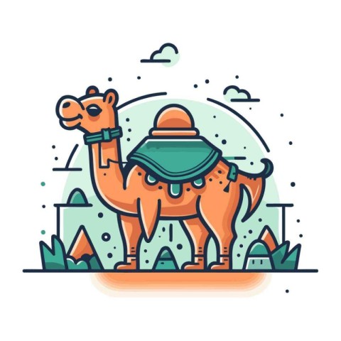 Camel with hat. Vector illustration in flat design style. Cute c