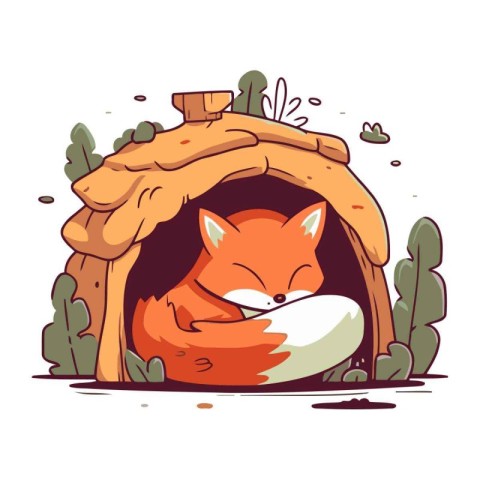 Vector illustration of a fox in a cave. Cute cartoon animal.