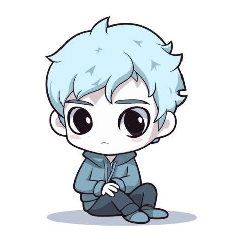 Cute little boy with blue hair sitting and smiling. Vector illus