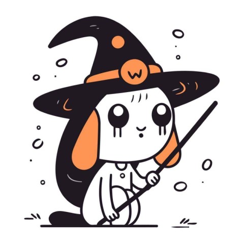 Cute little penguin in witch costume. Vector illustration in car