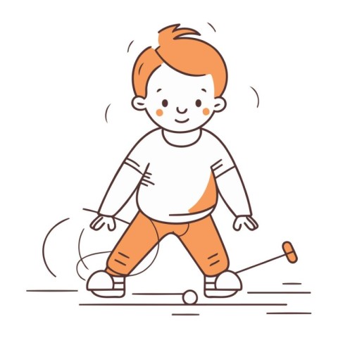 Little boy playing lacrosse. Vector illustration in thin line st