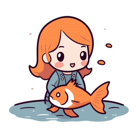 Cute little girl playing with a goldfish. Vector illustration.