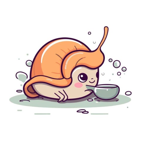 Cute little snail with a bowl of water. vector illustration.