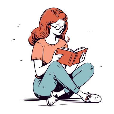 Young woman sitting on the floor and reading a book. Vector illu