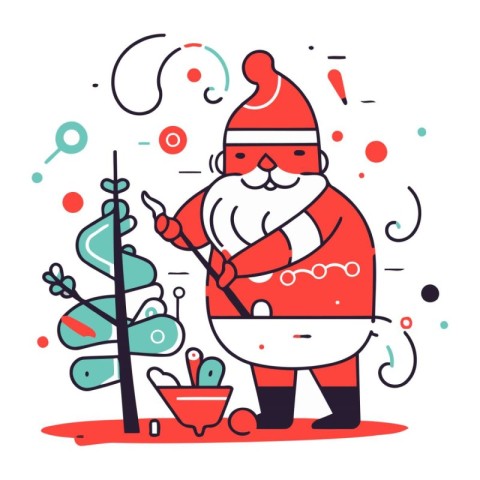 Santa Claus with a shovel. Christmas and New Year vector illustr