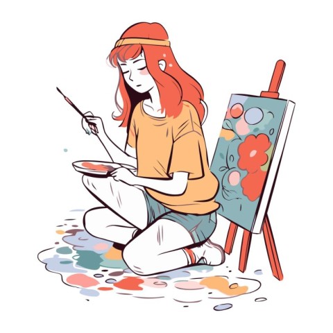 Vector illustration of a girl painting with oil paints on a pale