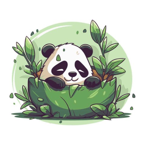 Cute panda in the nest of green leaves. Vector illustration.