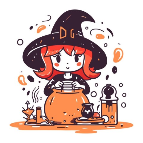 Halloween vector illustration. Cute witch girl in a hat with a p