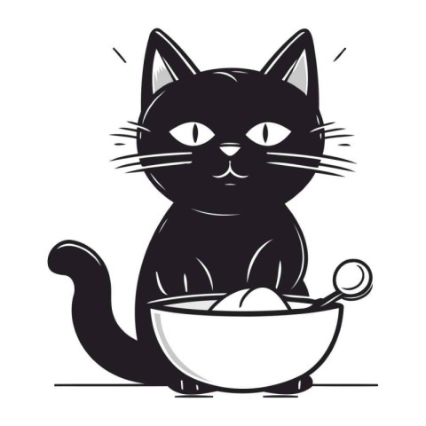 Black cat with bowl of soup. Vector illustration isolated on whi