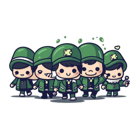 Cute Army Kids in Green Army Uniform Cartoon Vector Illustration