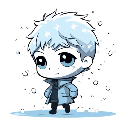 Cute little boy in raincoat and raincoat. Vector illustration.