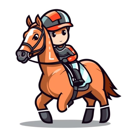 Horse racing cartoon vector illustration. Jockey riding a horse.