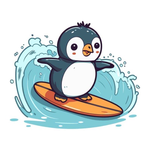 Cute penguin surfing on the wave. Vector cartoon illustration.