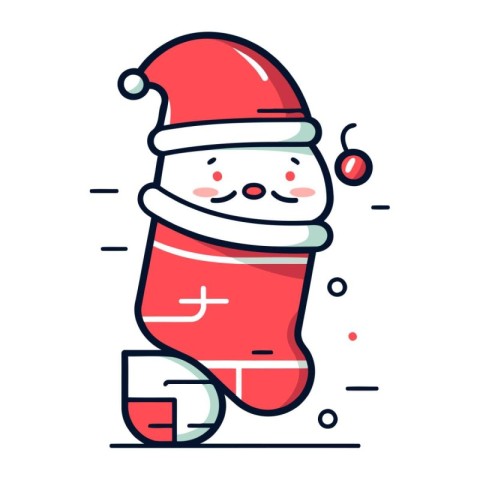 Cute cartoon santa claus with christmas sock. Vector illustratio