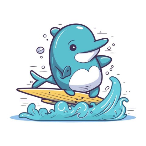 Illustration of a cute cartoon dolphin surfing on a surfboard.