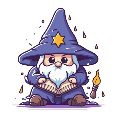 Cute Cartoon Wizard Sitting With A Book. Vector Illustration.