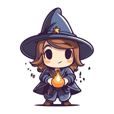 Cute girl in witch costume with a candle. Vector illustration.