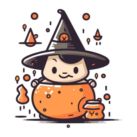 Halloween vector illustration. Cute cartoon witch in a pot with