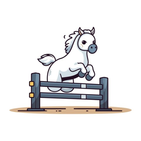 Cute white horse jumping over a fence. Cartoon vector illustrati