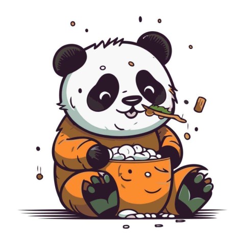 Cute panda with a bowl of food. Vector illustration.