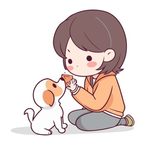 Little girl playing with her dog. Cute cartoon vector illustrati