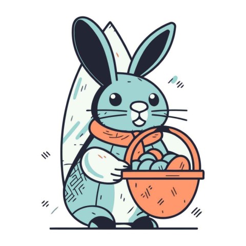 Easter bunny with basket of eggs. Vector illustration in line ar