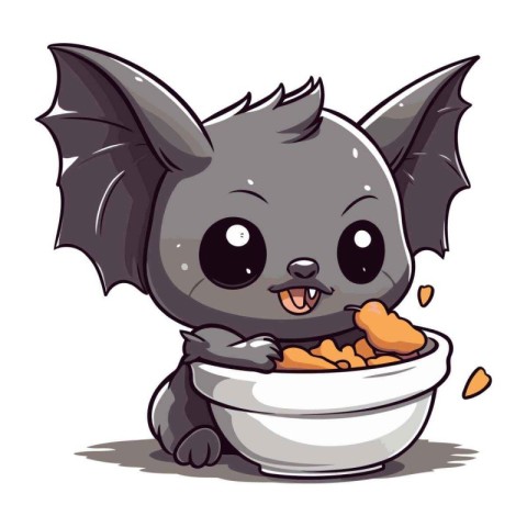 Cute cartoon bat eating a bowl of food. Vector illustration.