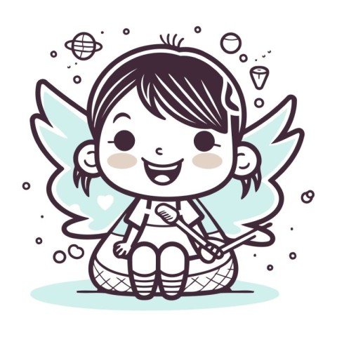 Cute little fairy sitting on the ground and smiling. Vector illu