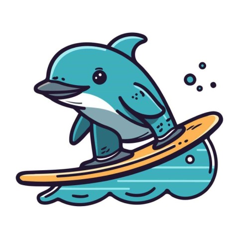 Cute dolphin surfing on surfboard. Vector illustration isolated