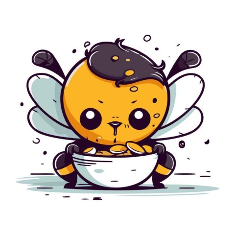 Cute cartoon bee with a bowl of honey. Vector illustration.