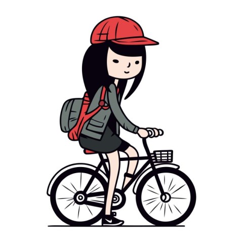 Young woman with backpack riding bike. Vector illustration in ca