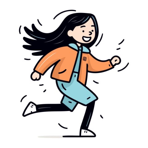 Cartoon vector illustration of a girl in a warm jacket running.