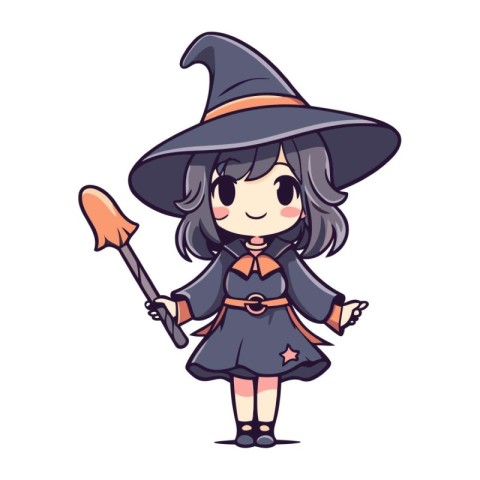 Cute little witch girl with a magic wand. Vector illustration.