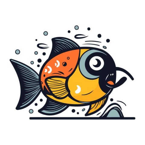 Cute cartoon goldfish swimming in the sea. Vector illustration.