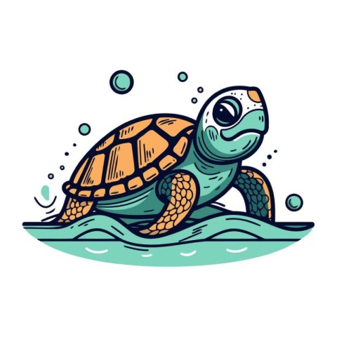 Sea turtle swimming in water. Vector illustration in doodle styl