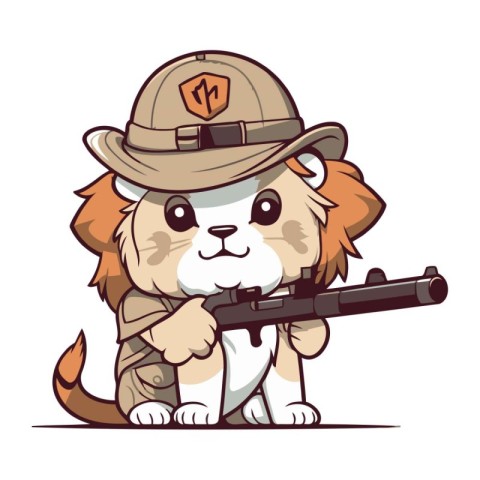 Cute cartoon lion in safari hat with gun. Vector illustration.