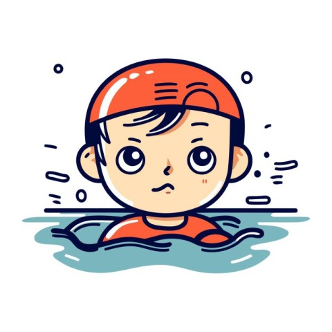 Cute cartoon boy in swimming suit and cap. Vector illustration.