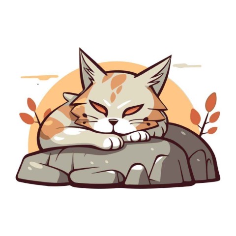 Cute cat sleeping on a rock. Vector illustration in cartoon styl