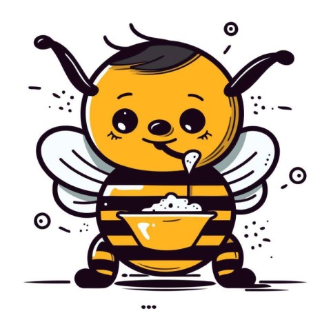 Cute little bee with a bowl of popcorn. Vector illustration.