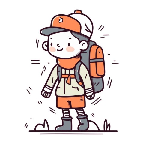 Cute little boy with backpack. Vector illustration in doodle sty