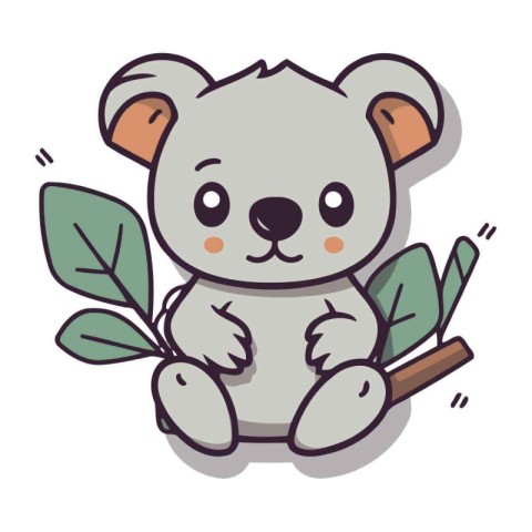 Cute koala sitting on branch with leaves. Vector illustration.