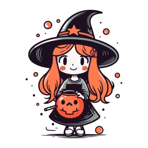 Cute little witch girl with pumpkin and hat. Vector illustration