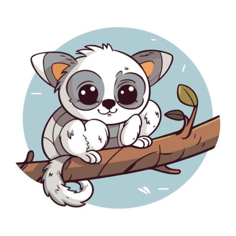 Cute cartoon lemur on a tree branch. Vector illustration.