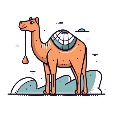 Camel in the desert. Vector illustration in thin line style.