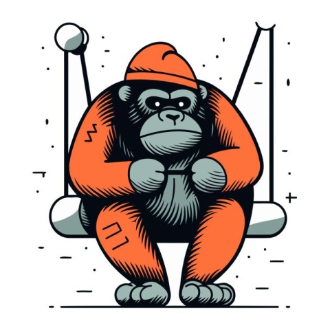 Gorilla in a Santa Claus hat sits on a swing. Vector illustratio